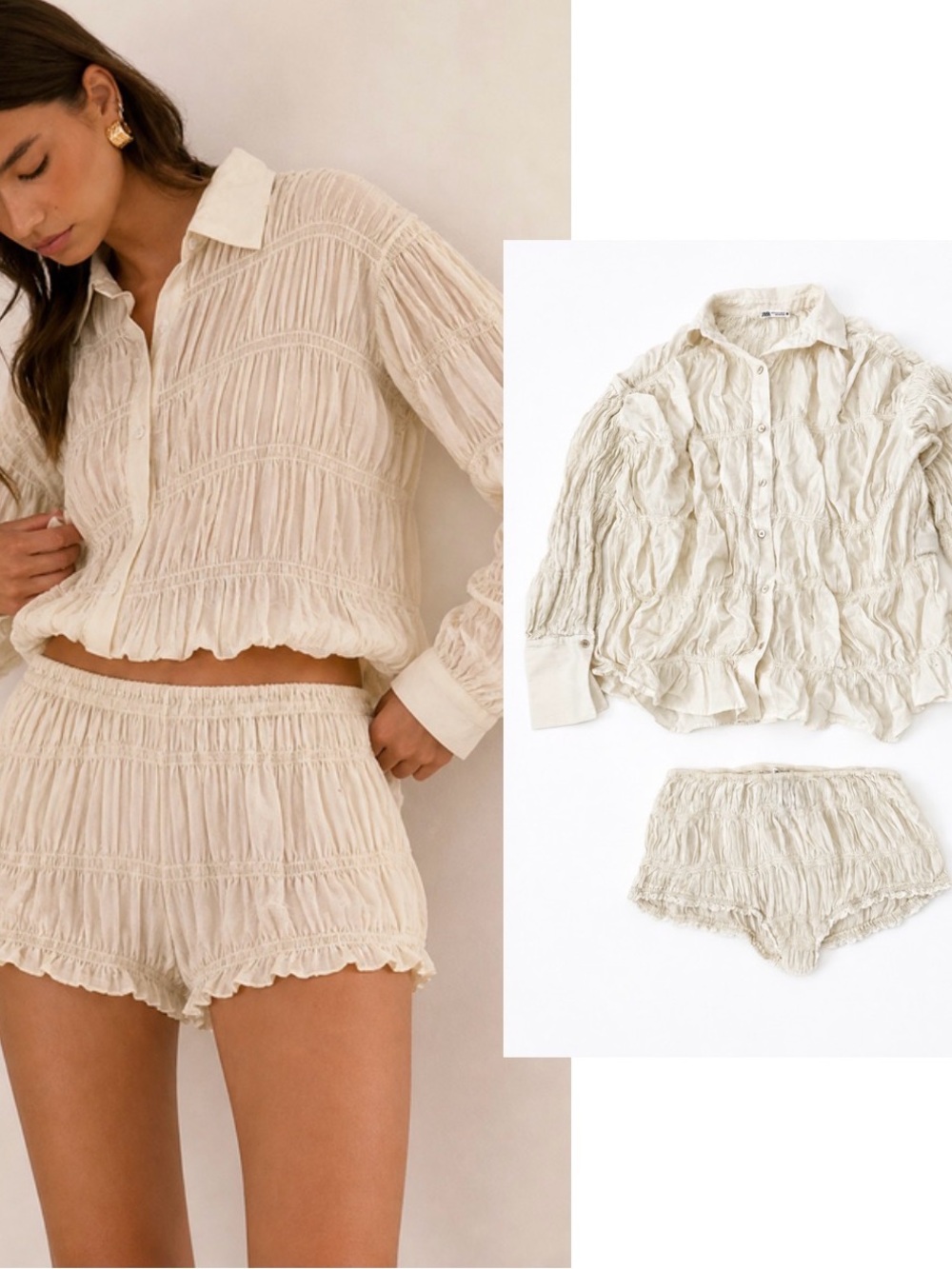 ZARA Ruched Cream Cotton Smocked Set Top Shirt Shorts Boho Coquette S Launge